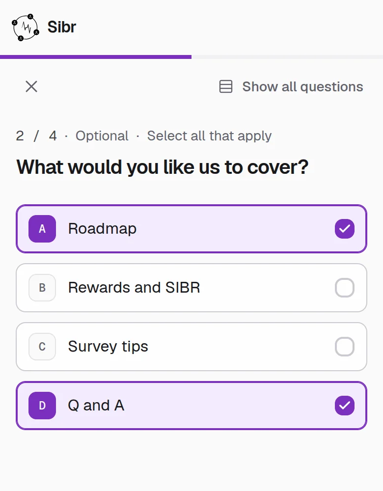 A Sibr survey question on a phone: What would you like us to cover? with two options picked