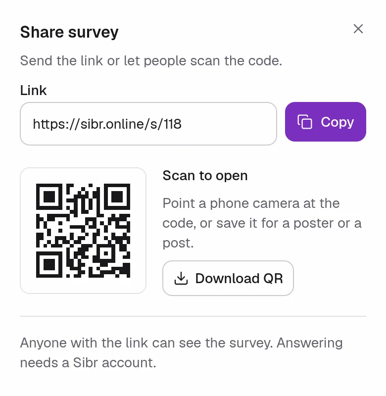 The Sibr share panel with the survey link, a Copy button and a QR code